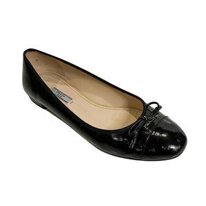 Prada Saffiano Leather Ballet Flats Cap Toe Black Logo Bow EU 41 Italy Slip Ons